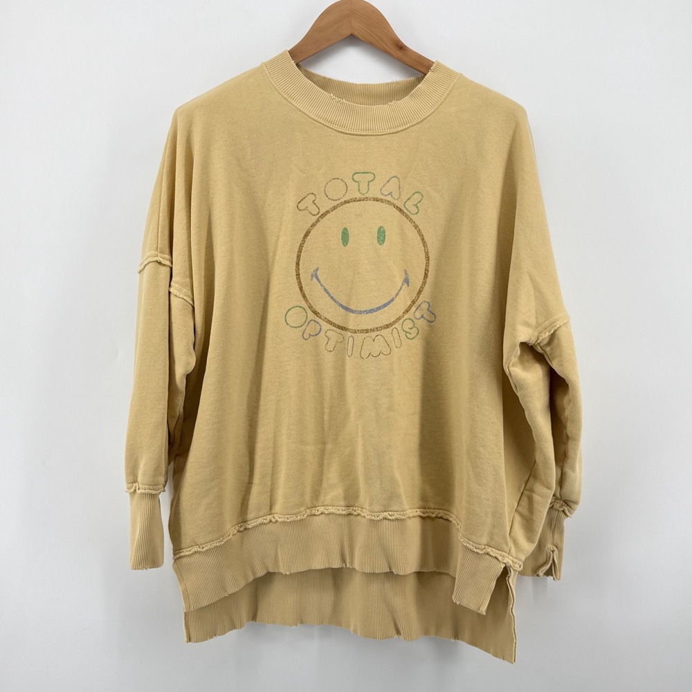 Aerie Smiley Face "Total Optimist" Graphic Oversized Sweatshirt Yellow Small